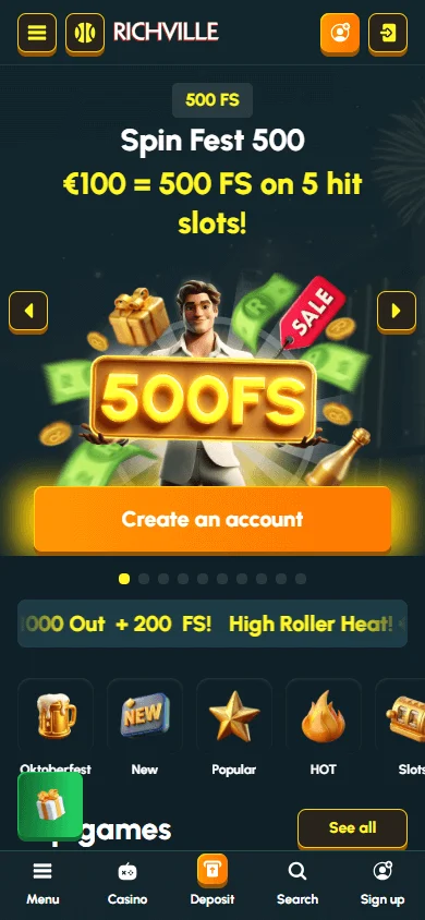 Richville Casino mobile home interface